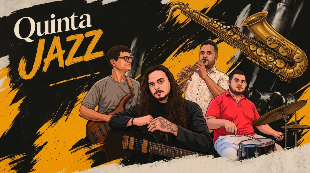 Quatro músicos de Jazz posicionados para tocar na Quinta Jazz no Donna Praça Bar